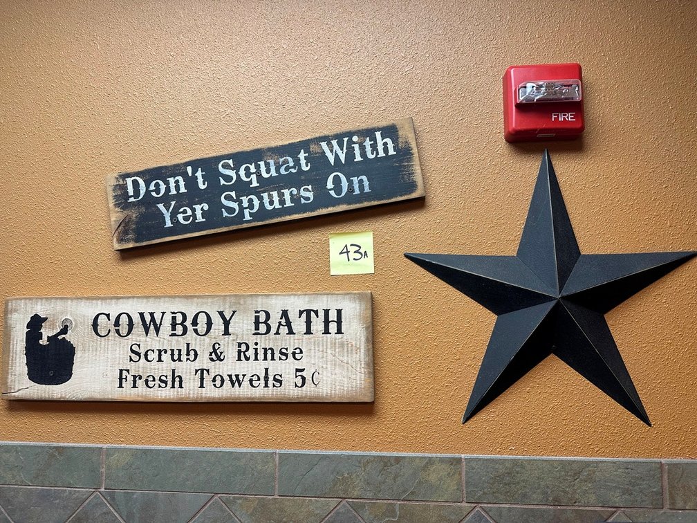 Don't Squat & Cowbath Bath signs + Star + Outhouse Rules & Hot Bath signs