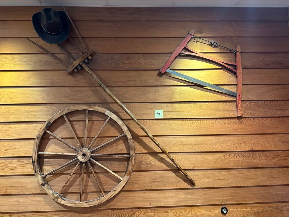 Wood wheel + Wooden Pitchfork + Cowboy Hat + Handsaw
