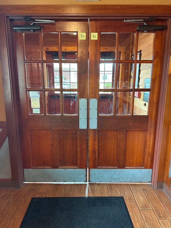 Two Interior Wood doors with glass panes & handles on one side