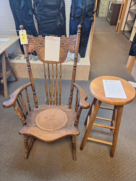 Antique Rocking Chair, Wood Stool