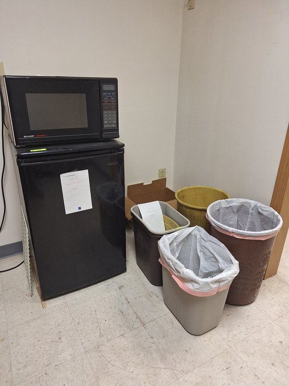 Danby Mini Refrigerator 33" Tall, Sharp Microwave, Assorted Trash Cans
