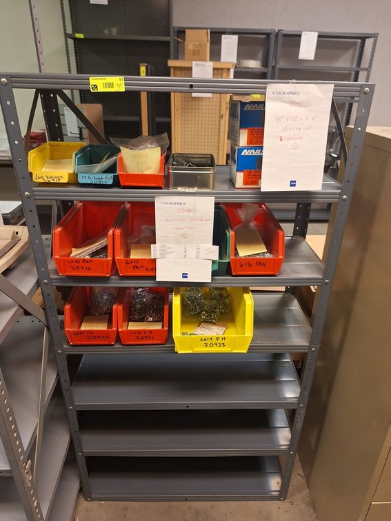Metal Shelf 30"x12"x56" with Assorted Contents, Hardware in Poly Bins, File Cabinet