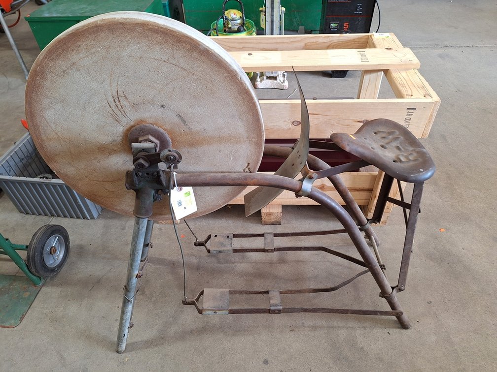 Vintage Foot Powered Grinding Wheel, 40"x15.5"x39.5"