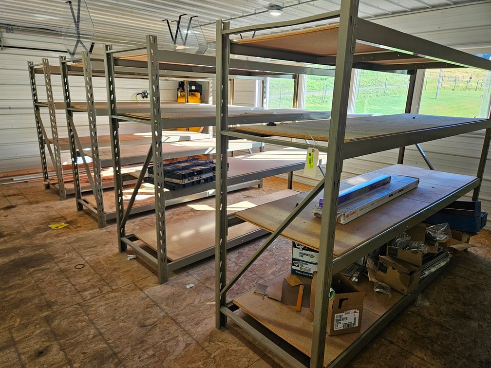 5 Metal Shelves 102"x30"x72", 4 with Wood Decking, 1 with Wire Grid Decking