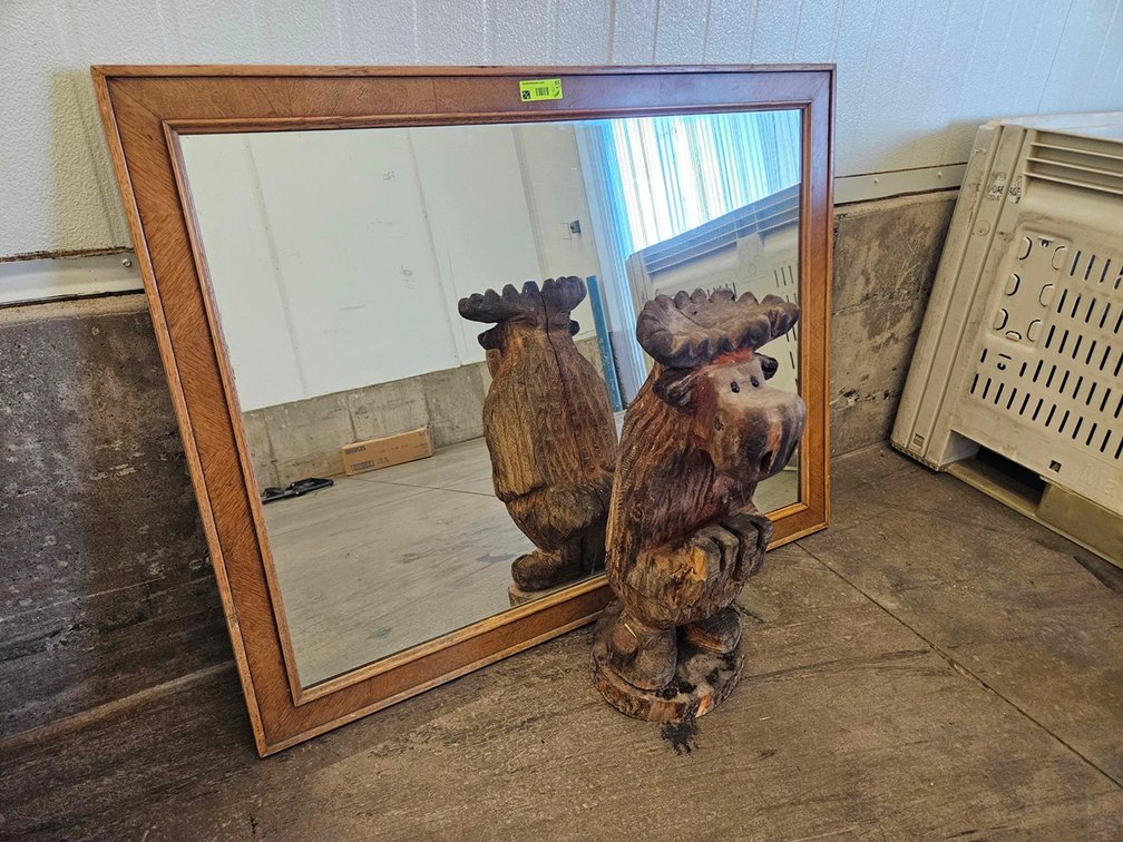Framed Mirror 45"x35", Wood Carved Moose, 24" Tall