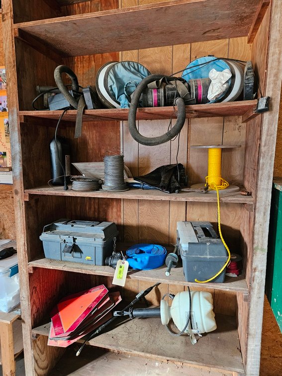 Assorted on Shelf, Tool Boxes, Hose, Sprayer, Reflector Triangle Signs, More
