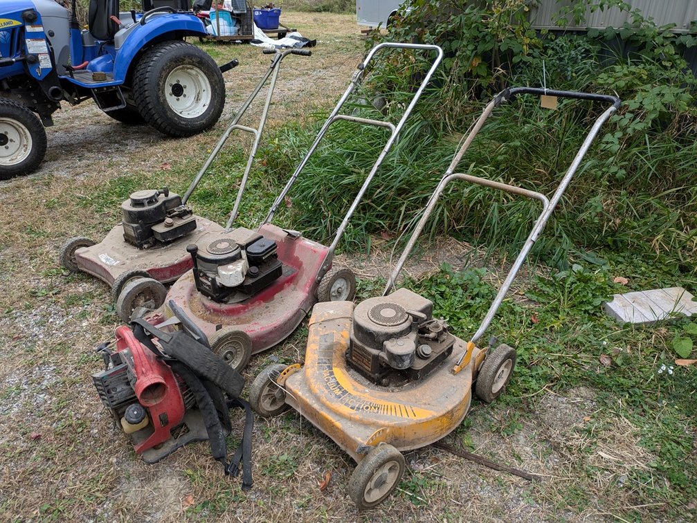 3 Vintage Push Mowers, Homelite Backpack Blower