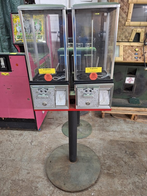 2 Pc. Metal/Plexiglass 50 Cent Sticker Vending Machine on Stand, 22"x12"x54"