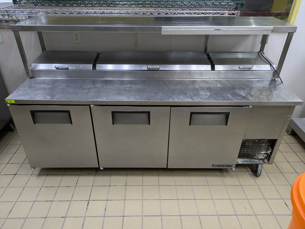 True Refrigerated Pizza Prep Table on Wheels with Upper Shelf, Model TPP-93, 93"x33"x54"