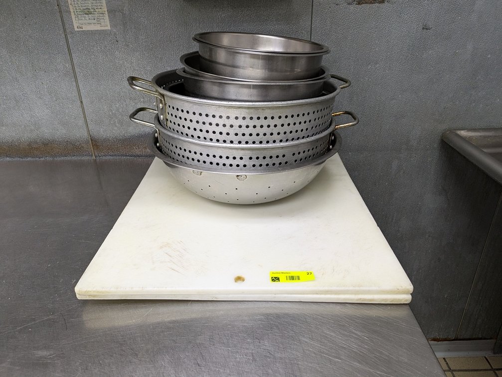 2 Poly Cutting Boards 23"x19", Assorted Bowls and Colanders