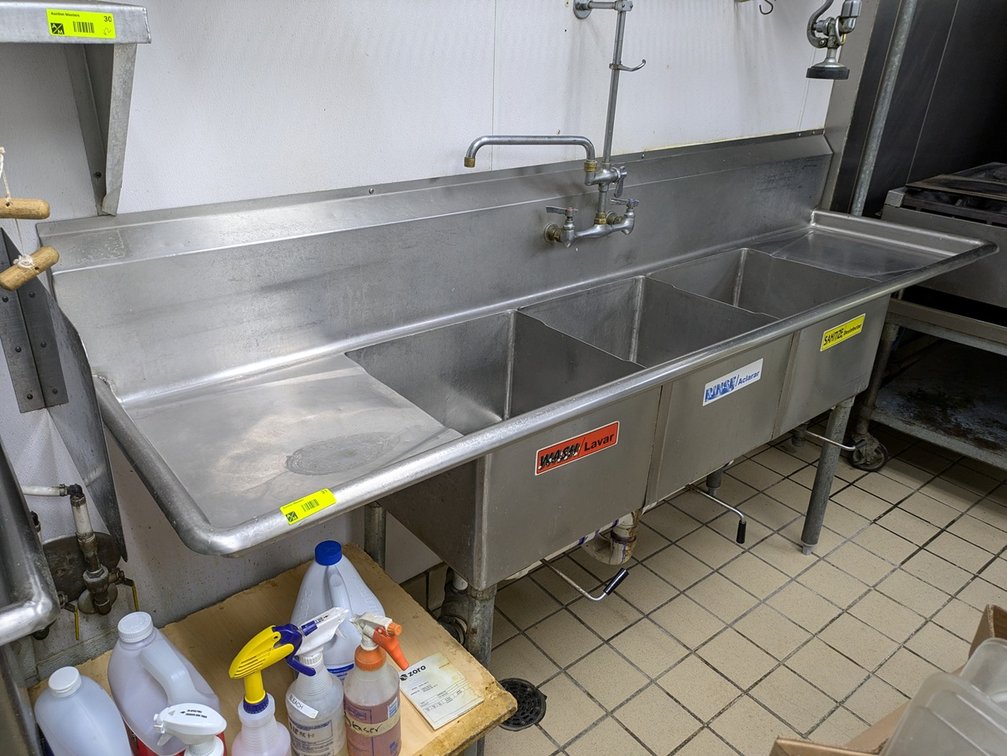 SS 3 Compartment Sink with Faucet and Sprayer, 90"x24"x37", Grease Grinder