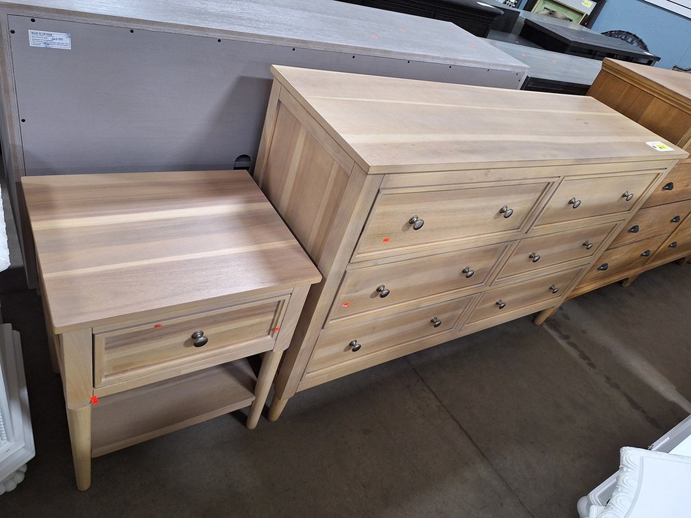 Wood 6 Drawer Dresser 56"x17"x36" with 1 Drawer Night Stand 20"x17"x25"