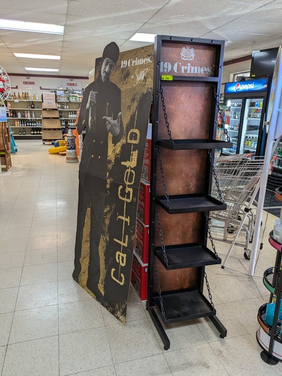 19 Crimes 4 Tier Retail Shelf 16"x14"x72", Cardboard Snoop 33"x74"