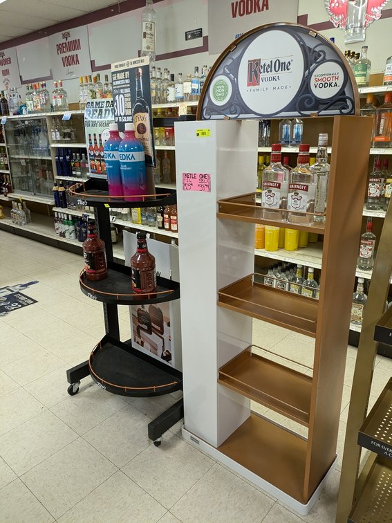 Ketel One Display Rack 25"x11"x68", Tito's Display Rack on Wheels 26"x26"x59"