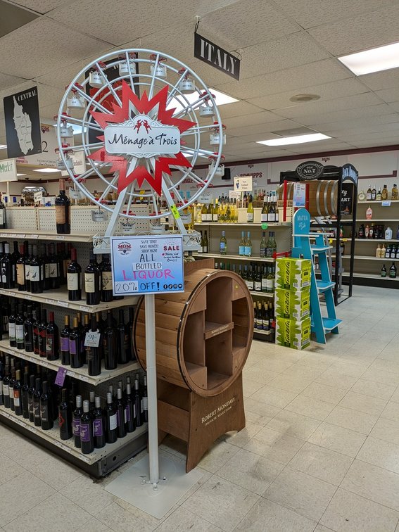Menage a Trois Ferris Wheel Display 20"x84", Robert Mondavi Barrel Shelf 30"x15"x48"