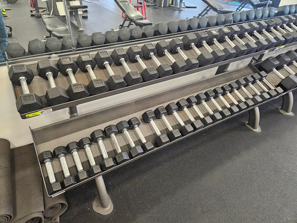 Metal 2-Tier Dumbbell Rack with 38 TAC Rubber Coated Dumbbells: 4 - 5 Lb., 4 - 8 Lb., 10 - 10 Lb., 4 - 12 Lb., 10 - 15 Lb. and 6 - 20 Lb.