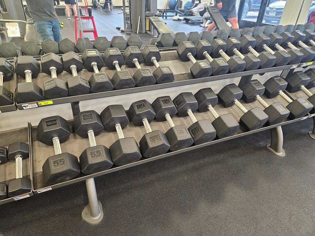 Metal 2-Tier Dumbbell Rack with 26 TAC Rubber Coated Dumbbells: 6 - 20 Lb., 4 - 25 Lb., 4 - 30 Lb., 2 - 35 Lb., 2 - 55 Lb., 2 - 60 Lb., 2 - 65 Lb., 2 - 70 Lb. and 2 - 75 Lb.