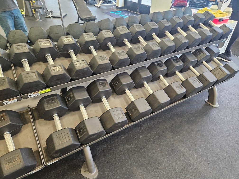 Metal 2-Tier Dumbbell Rack with 20 TAC Rubber Coated Dumbbells: 2 - 35 Lb., 2 - 40 Lb., 4 - 45 Lb., 2 - 50 Lb., 2 - 80 Lb., 2 - 85 Lb., 2 - 90 Lb., 2 - 95 Lb. and 2 - 100 Lb.