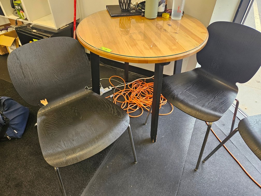 Wood/Glass Top Table 34" Dia. With 3 Wood/Metal Chairs (1 broken)
