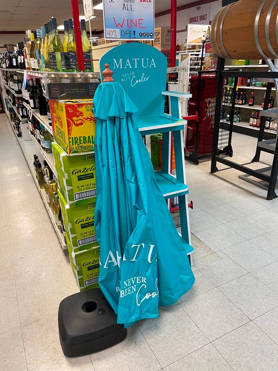 Matua Display Shelf 18"x20"x60" with Umbrella, Metal Sign