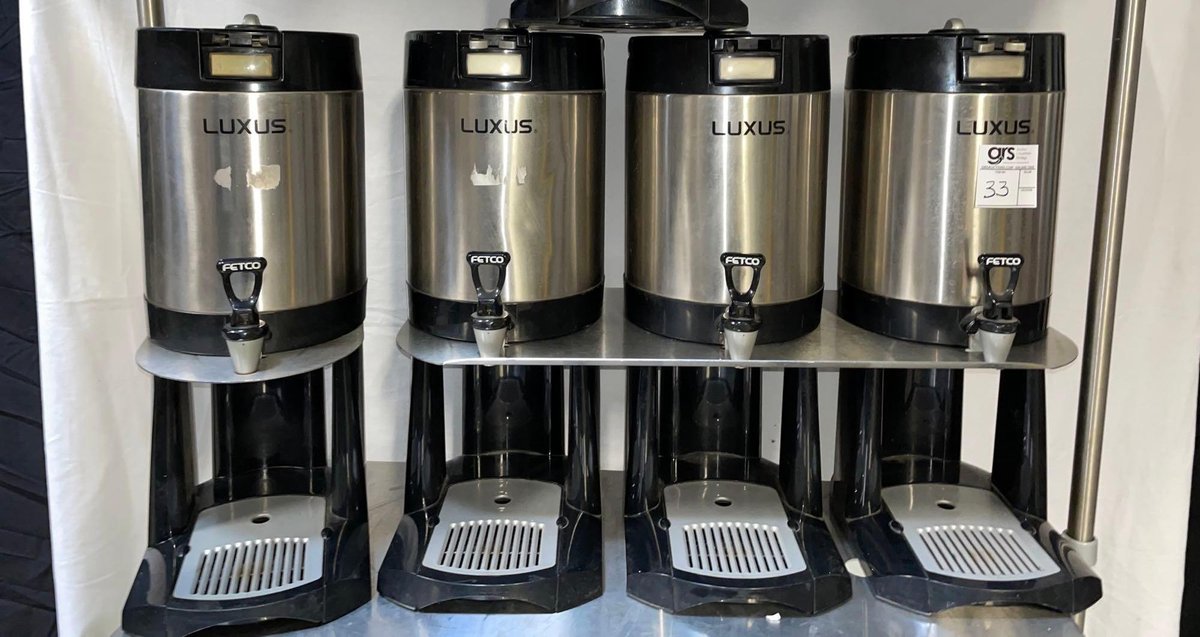 (4) Fetco Luxus Thermal Dispensers 1gal w/Triple Satellite Coffee Server Stand, and 2-Stands and 1 Thermal  Dispenser
