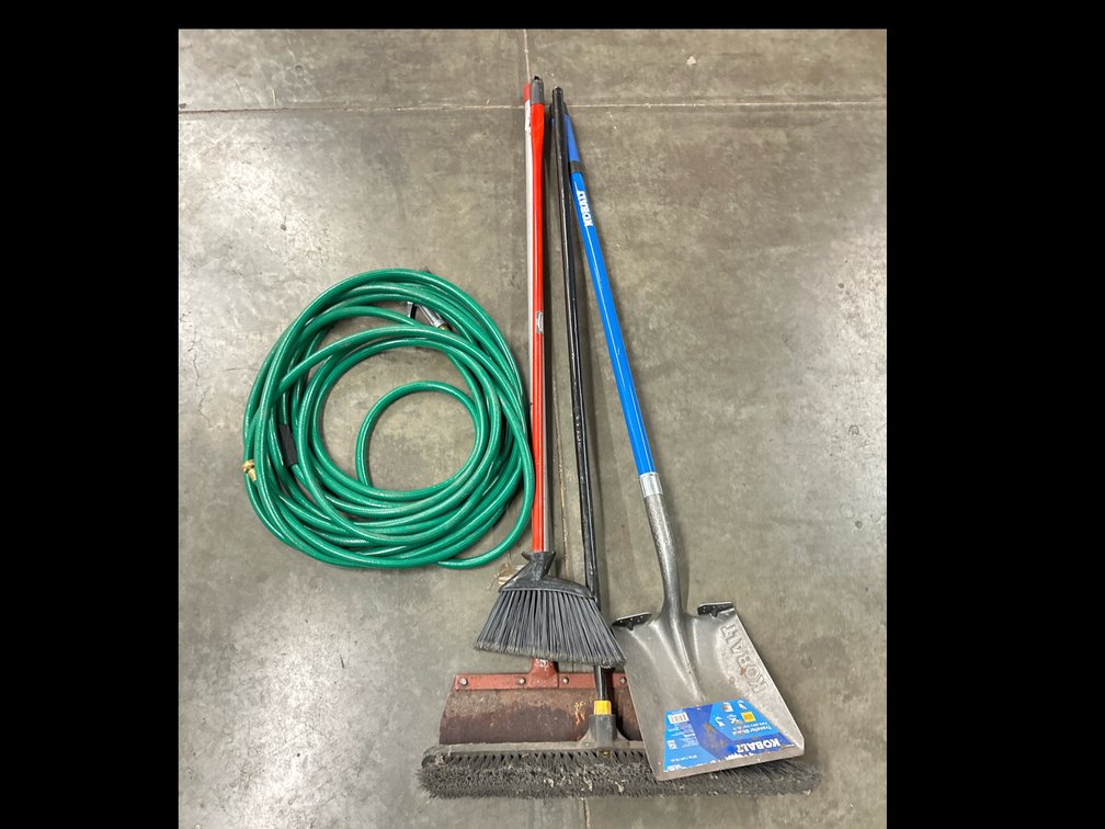 Brooms, Mop, Shovel & Hose