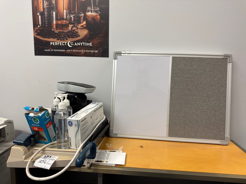 Paper Cutter, Pencil Tray, Gloves, Spoons, Power Cord, Dymo Printer & (2) Mini White Boards