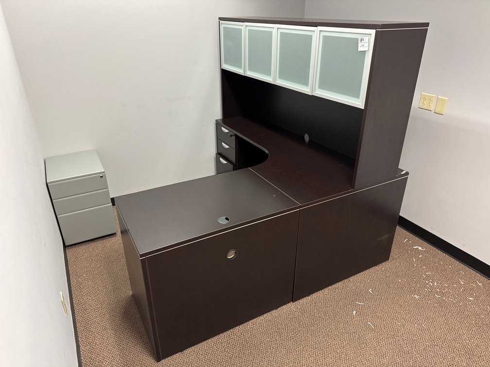 L-Shaped Laminate Desk w/ Glass Front Overhead & Mobile Pedestal