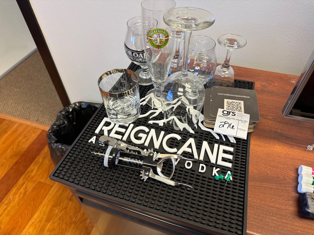 Bar Mat w/ Assorted Glasses, Coasters