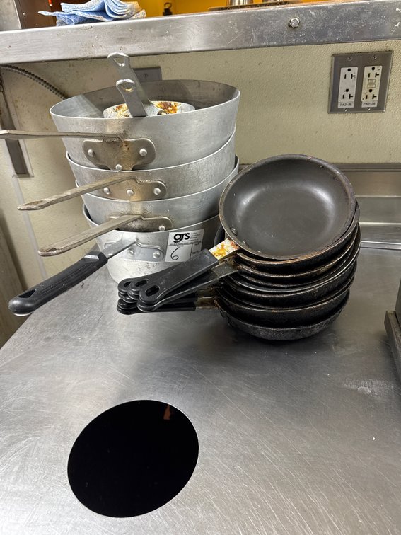 (4) Sauce Pots, (2) Small Sauce Pots (9) Skillets 9"