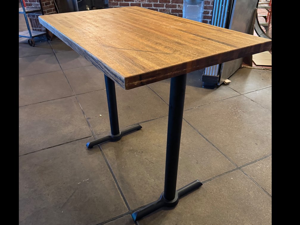 Butcher Block Style Dining Table with Double Metal T-Base, Bar Height