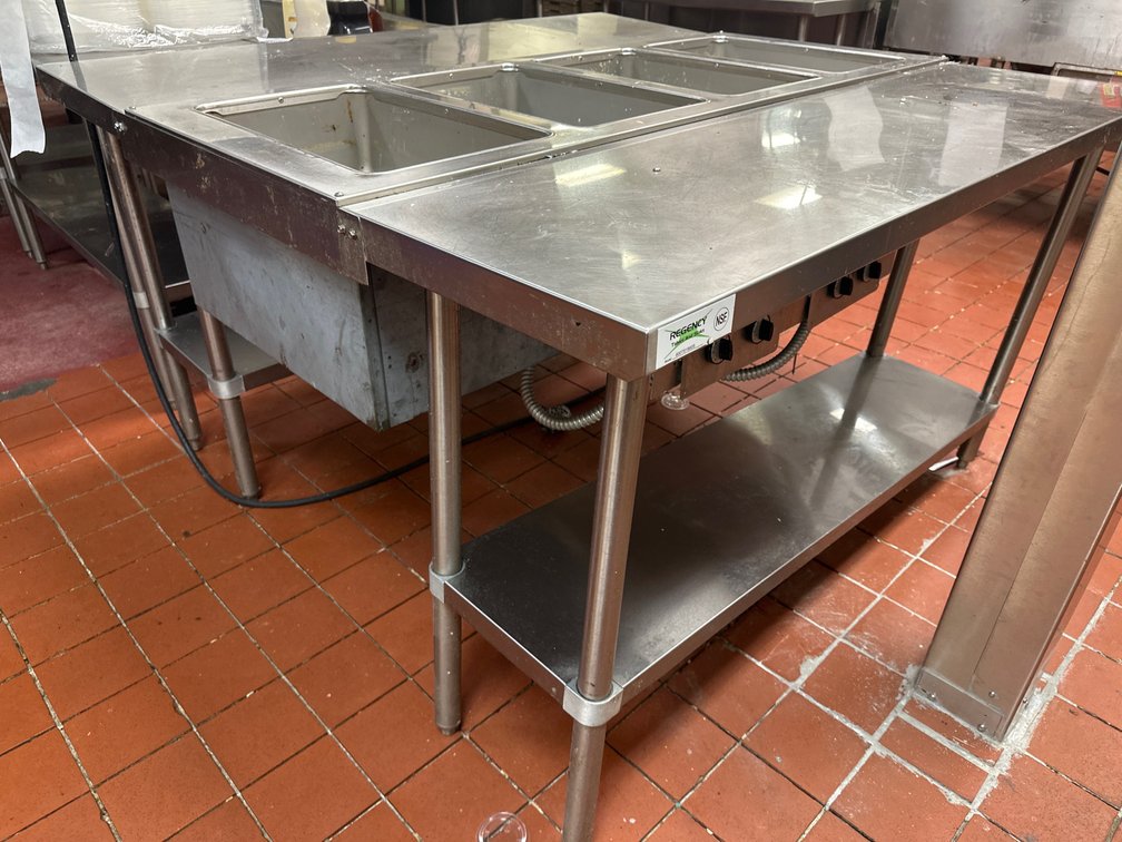 Regency 4-Well Stainless Steel Steam Table with Dual Sided Stainless Work Tables with Lower Shelf