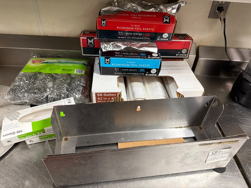 Film wrap, Stainless Ball Scrubbers, Aluminum foil sheets, 56-Gallon Can Liners and gloves