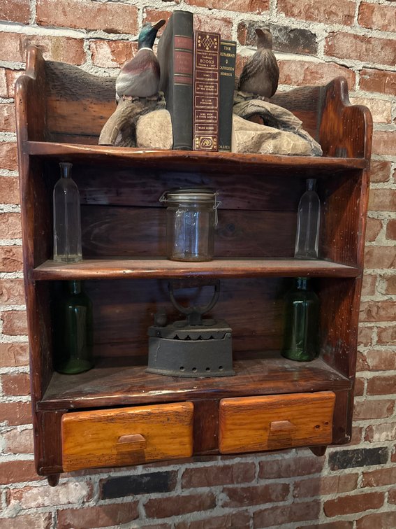 1-Shelf Rustic Wooden Wall Display with 2 Drawers and Vintage Decor