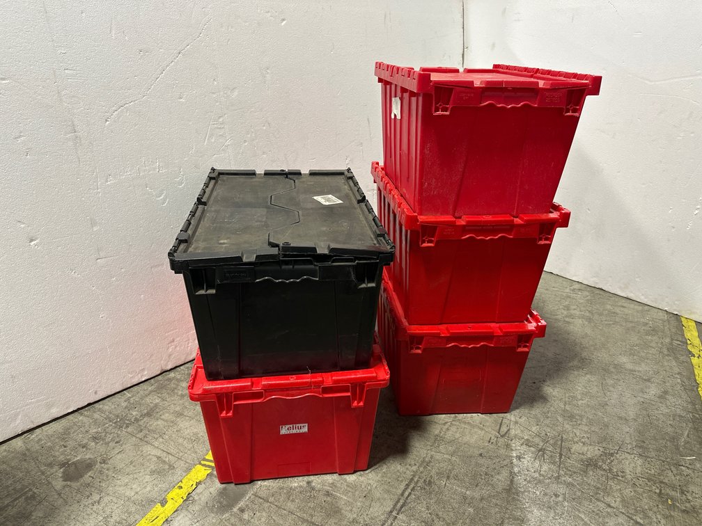Attached-Lid Plastic Industrial Storage Totes, Set of 5