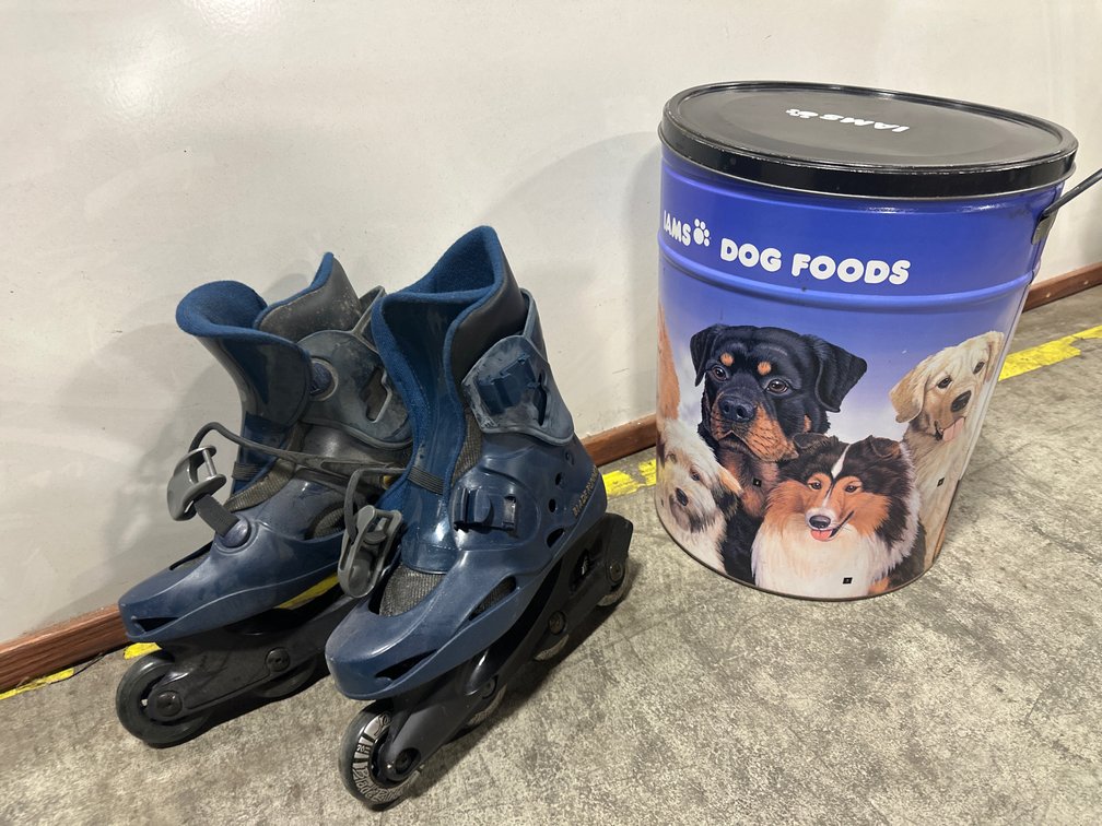 Inline Skates, Storage Tin, Dog Harness, Feeder Bowl, and Pet Supplies