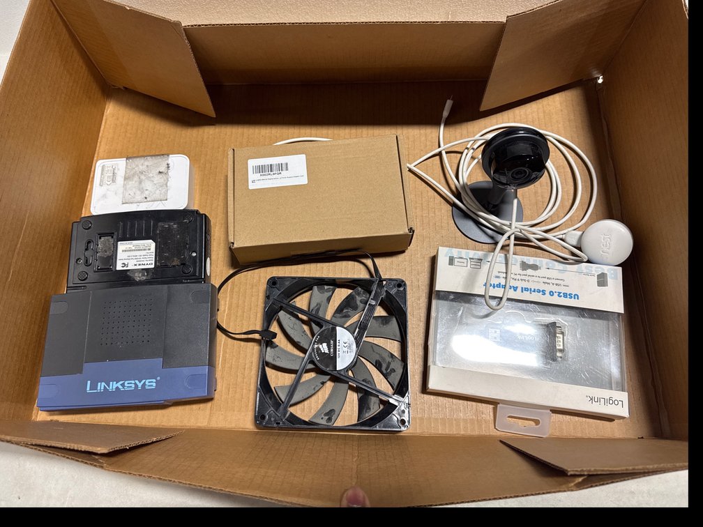 Electronics Lot: Nest Camera, Networking Switch, Corsair Fan, Adapters
