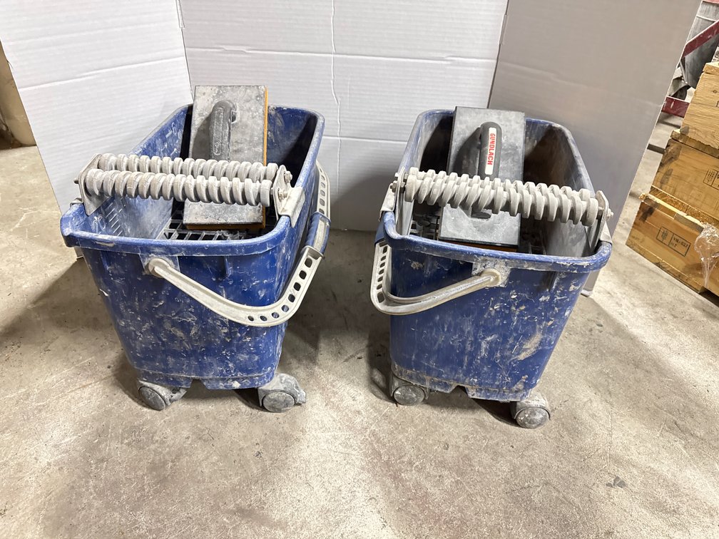 (2) Gundlach Mobile Grout Wash Buckets with Rollers and Sponge Floats