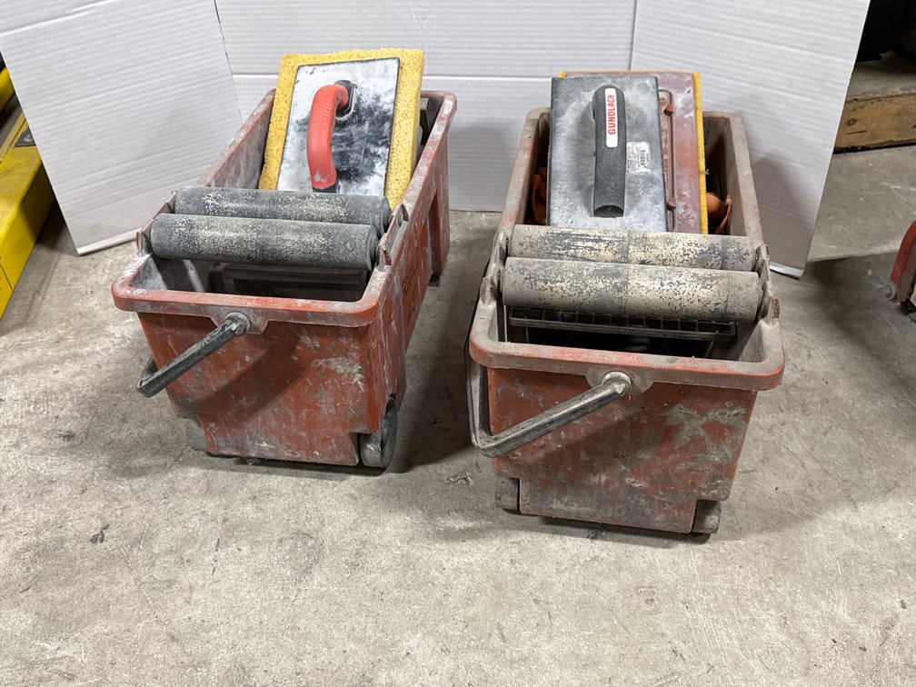 (2) Gundlach Wheeled Tile Grout Wash Buckets with Rollers & Sponge Floats