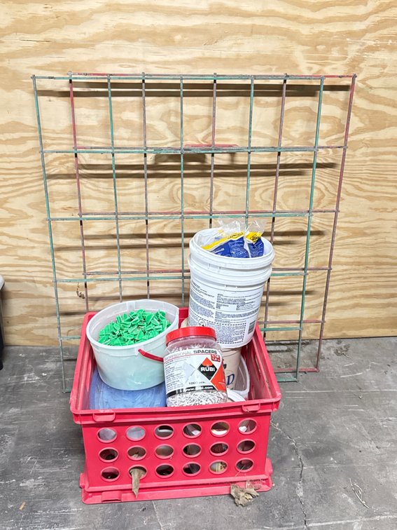 Tile Leveling System Clips, Spacers, Storage Crate and Wire Grid Rack