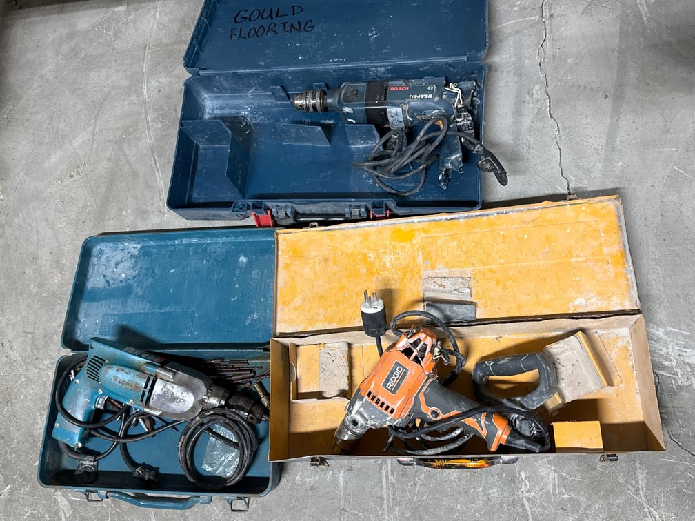 Bosch, Makita, and RIDGID Corded Drills with Carrying Cases (NOT WORKING)