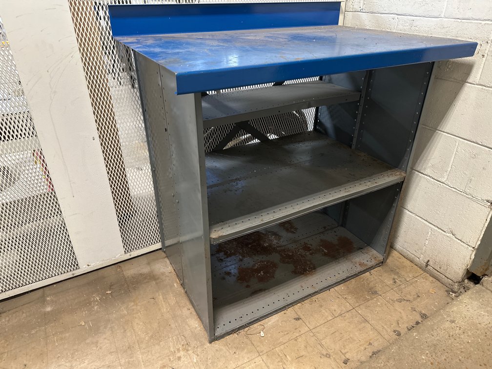 Industrial Steel Workbench with Shelves and Backsplash