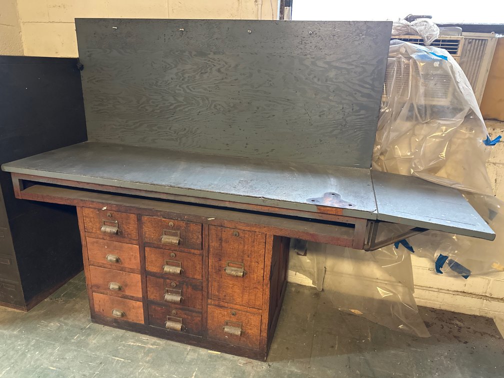Industrial Wooden 10-Drawer Workbench with Folding Leaf and Backboard