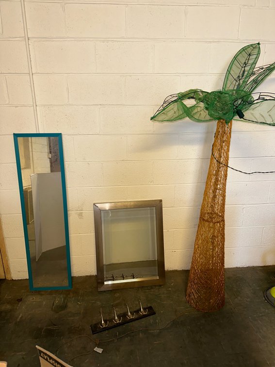 Wall Mirrors, Coat Rack, and Lighted Palm Tree Decoration