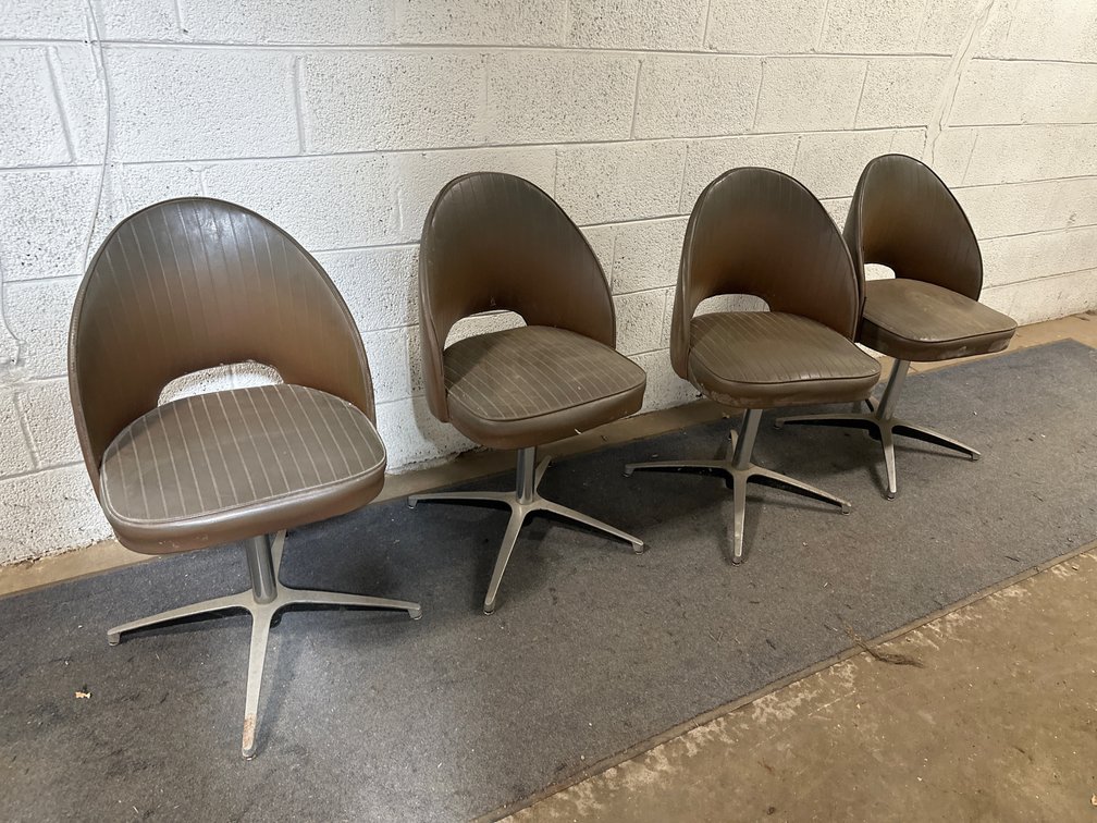 (4) Mid Century Brown Vinyl Swivel Chairs with Four-Star Metal Bases