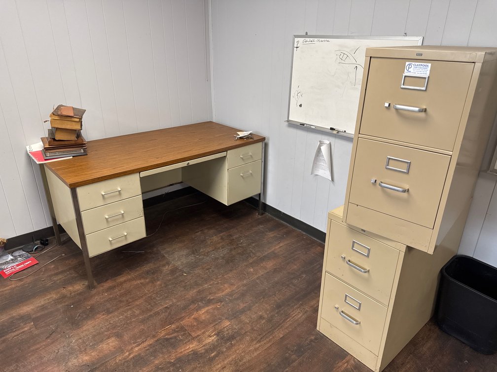 Double-Pedestal Metal Office Desk and (2) Two-Drawer File Cabinets