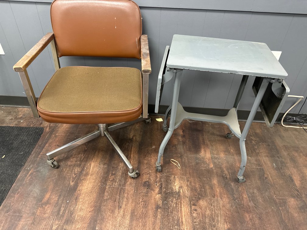 Rolling Office Armchair and Metal Drop-Leaf Utility Stand