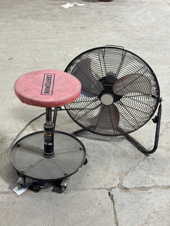Rolling Shop Stool and Industrial Floor Fan