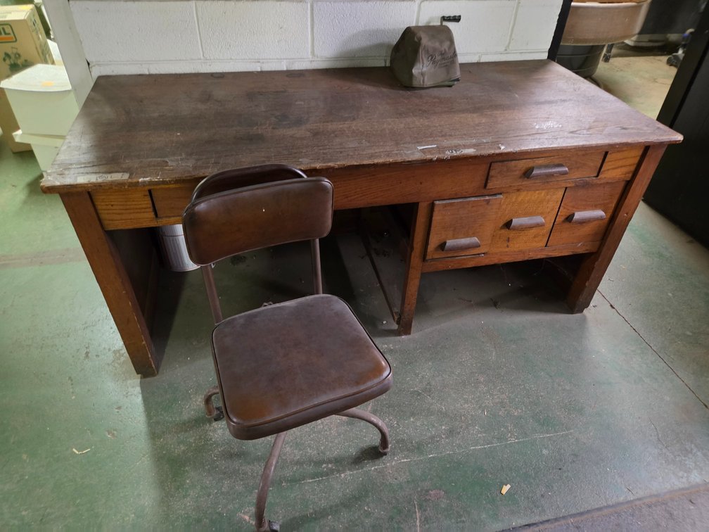 Wood Desk, Swivel Task Chair, and Paymaster Check Writer