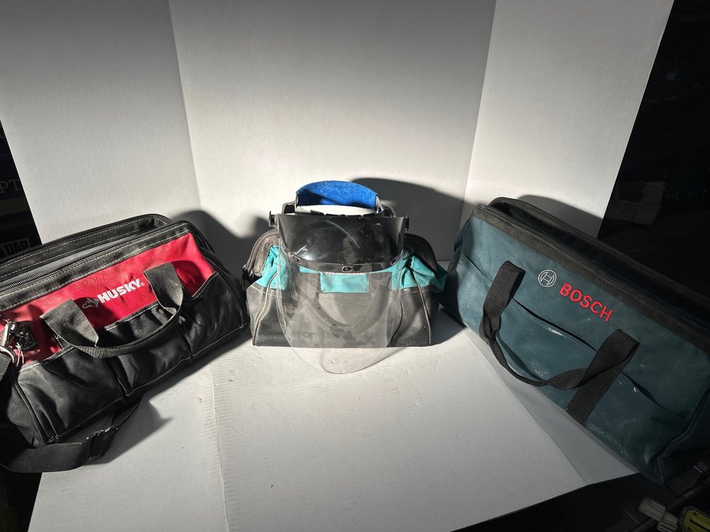 (3) Tool Bags w/ Hercules Angle Grinder, Facemask & Attachments